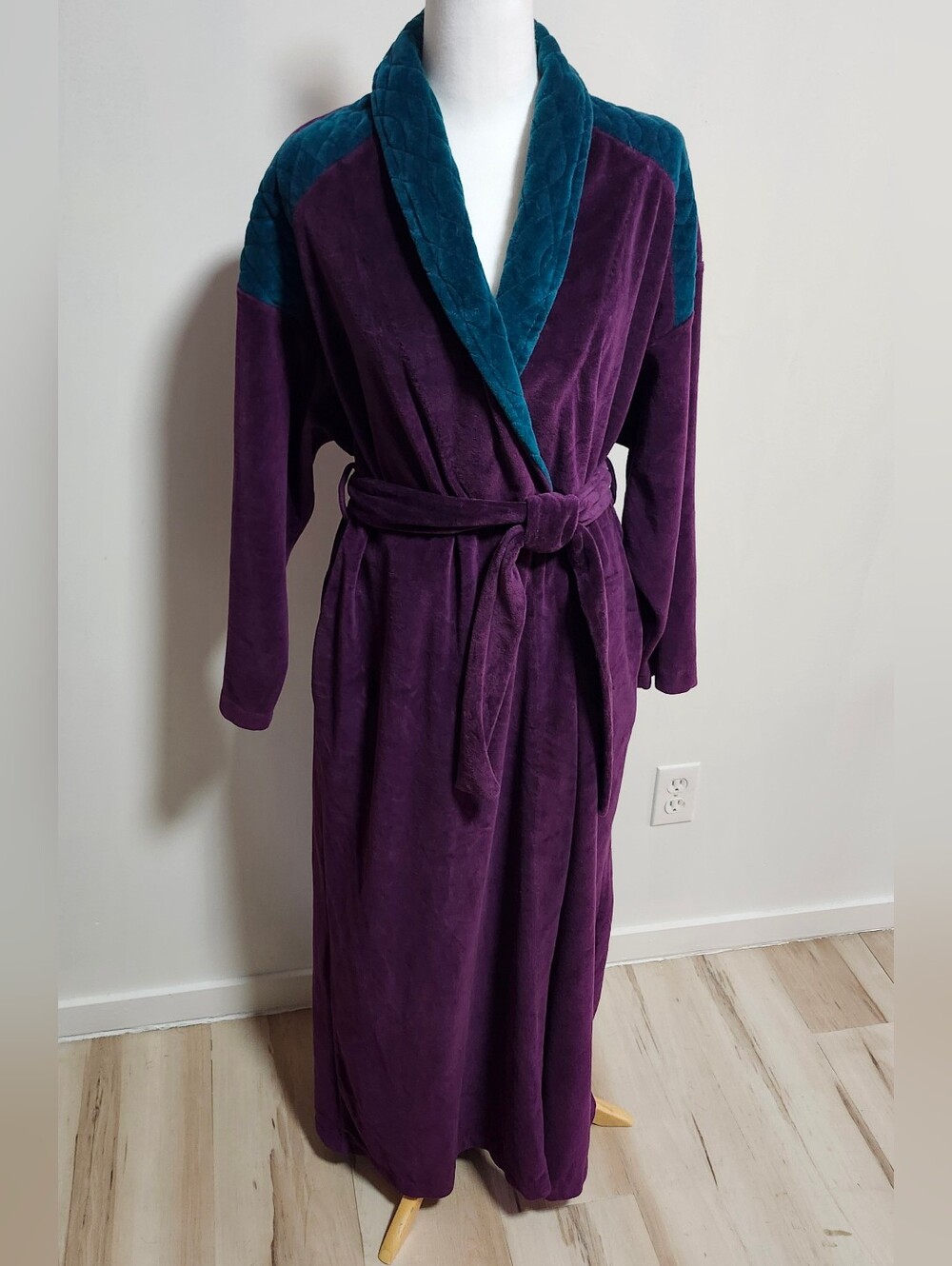 Vintage Van Raalte Plush Velvet Long Robe in Deep Purple with Teal Trim